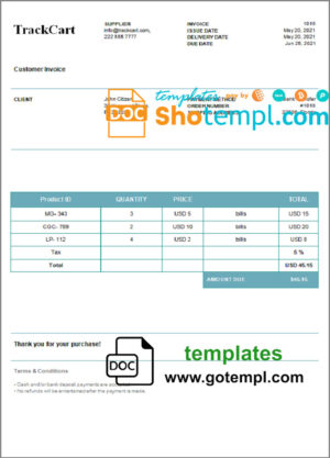 USA TrackCart invoice template in Word and PDF format, fully editable