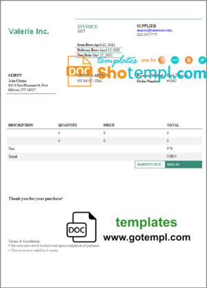 USA Valerie Inc. invoice template in Word and PDF format, fully editable