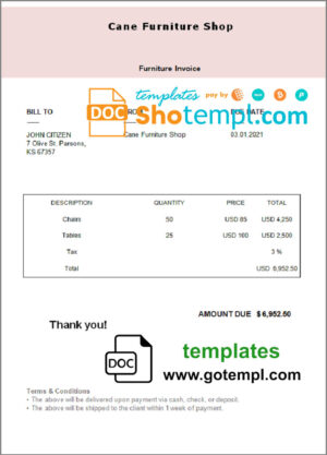 USA Cane Furniture Shop invoice template in Word and PDF format, fully editable