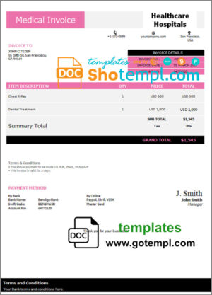 USA Healthcare Hospitals invoice template in Word and PDF format, fully editable