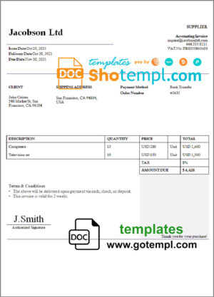 USA Jacobson Ltd invoice template in Word and PDF format, fully editable