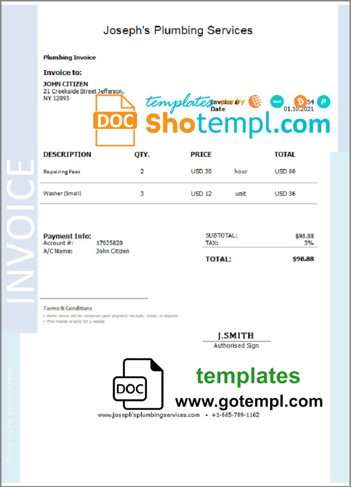 USA Joseph’s Plumbing Services invoice template in Word and PDF format, fully editable USA Joseph's Plumbing Services invoice template in Word and PDF format, fully editable