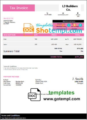 USA LJ Builders Co. invoice template in Word and PDF format, fully editable