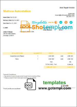 USA Mathew Autostation invoice template in Word and PDF format, fully editable