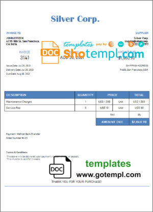 USA Silver Corp. invoice template in Word and PDF format, fully editable