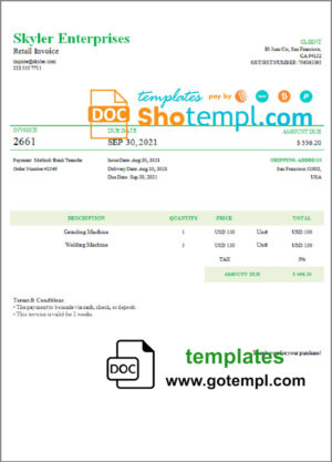 USA Skyler Enterprises invoice template in Word and PDF format, fully editable