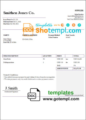 USA Smithen Jones Co. invoice template in Word and PDF format, fully editable