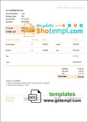USA The Elm Premier invoice template in Word and PDF format, fully editable
