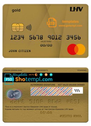 United Kingdom LHV bank mastercard gold credit card template in PSD format