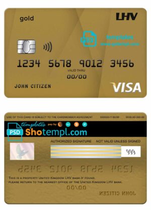 United Kingdom LHV bank visa gold credit card template in PSD format