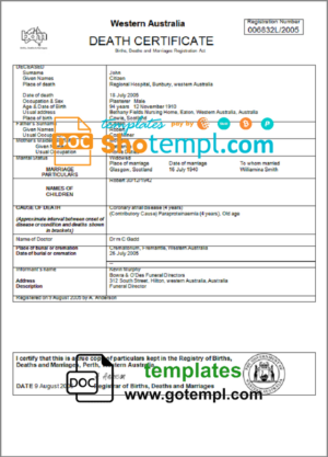 Australia Western Australia death certificate template in Word and PDF format