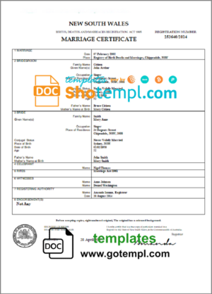 Australia New South Wales marriage certificate template in Word and PDF format