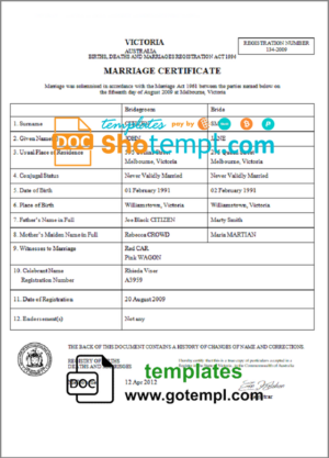Australia Victoria marriage certificate template in Word and PDF format