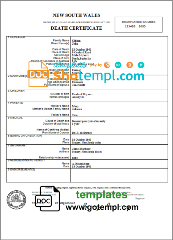 Australia New South Wales death certificate template in Word and PDF format