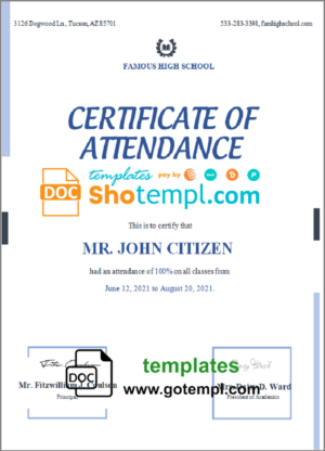 USA Attendance certificate template in Word and PDF format