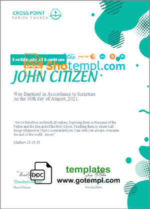 USA Baptism certificate template in Word and PDF format, version 2