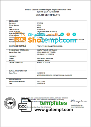 Australia Jervis Bay Territory death certificate template in Word and PDF format