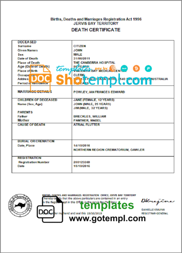 Australia Jervis Bay Territory death certificate template in Word and PDF format