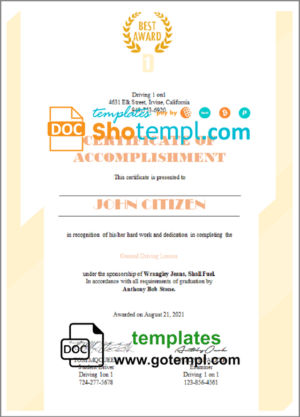 USA Driving certificate template in Word and PDF format