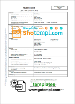 Australia Queensland death certificate template in Word and PDF format