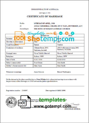 Australia Australian Capital Territory marriage certificate template in Word and PDF format