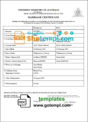 Australia Northern Territory of Australia marriage certificate template in Word and PDF format