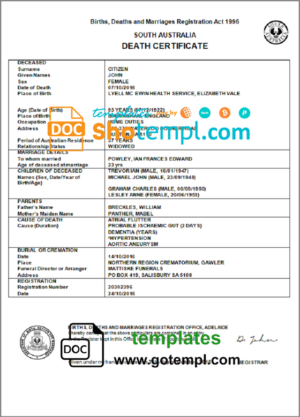Australia South Australia death certificate template in Word and PDF format