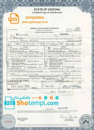 USA Arizona state birth certificate template in PSD format, fully editable