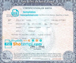USA New York state birth certificate template in PSD format, fully editable