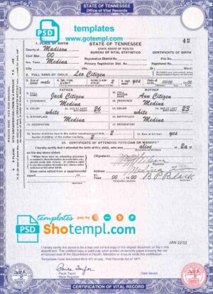 USA Tennesse state birth certificate template in PSD format, fully editable