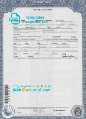 USA Texas state birth certificate template in PSD format, fully editable