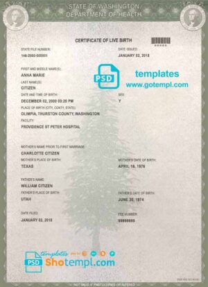 USA Washington state birth certificate template in PSD format, fully editable
