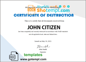 USA Destruction certificate template in Word and PDF format, fully editable