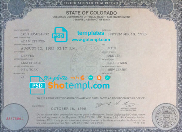 USA Colorado state birth certificate template in PSD format, fully editable