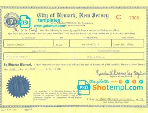 USA New Jersey state birth certificate template in PSD format, fully editable