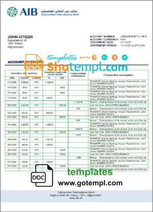 Afghanistan International Bank (AIB) bank statement template in Word and PDF format