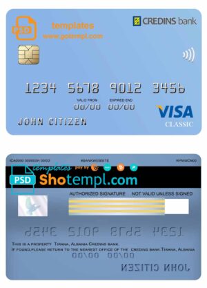 Albania Credins bank visa debit card template in PSD format