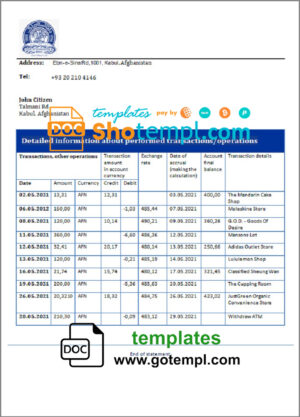 Afghanistan Da Afghanistan Bank (DAB) bank statement template in Word and PDF format