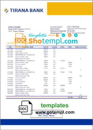 Albania Tirana bank statement template in .doc and .pdf format, fully editable