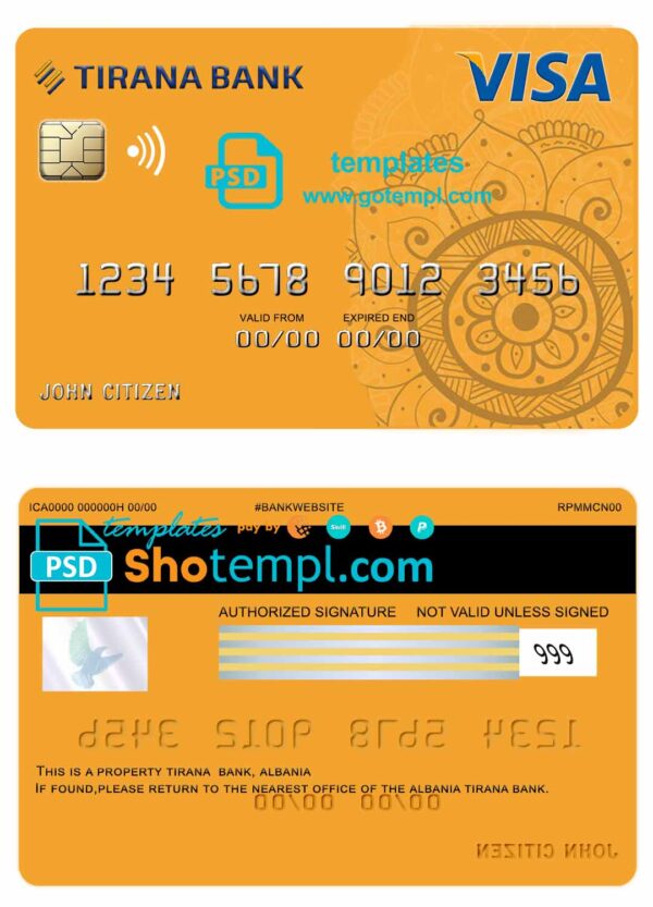 Albania Tirana bank visa card template in PSD format
