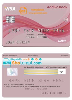 Austria Addiko bank visa card template in PSD format, fully editable