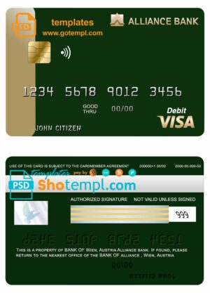 Austria Alliance bank visa card template in PSD format, fully editable