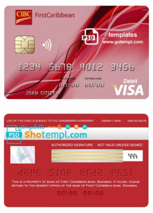 Bahamas First Caribbean bank visa debit template in PSD format, fully editable