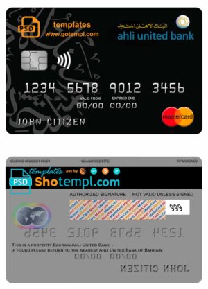 Bahrain Ahli United Bank mastercard template in PSD format, fully editable