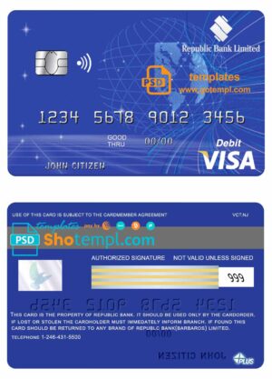 Barbados Republic Bank visa card template in PSD format, fully editable