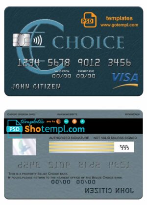 Belize Choice bank visa card template in PSD format, fully editable
