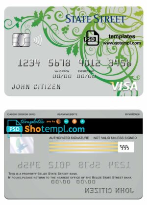 Belize State street bank visa card template in PSD format, fully editable