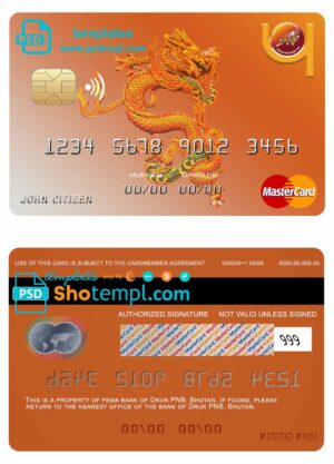 Bhutan Druk PNB bank mastercard template in PSD format, fully editable