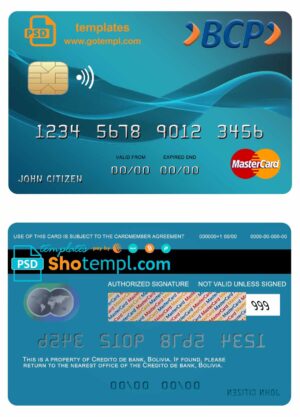 Bolivia Credito bank mastercard template in PSD format, fully editable