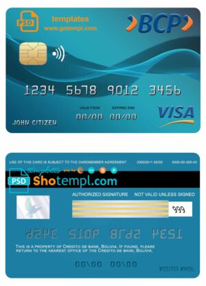 Bolivia Credito bank visa card template in PSD format, fully editable